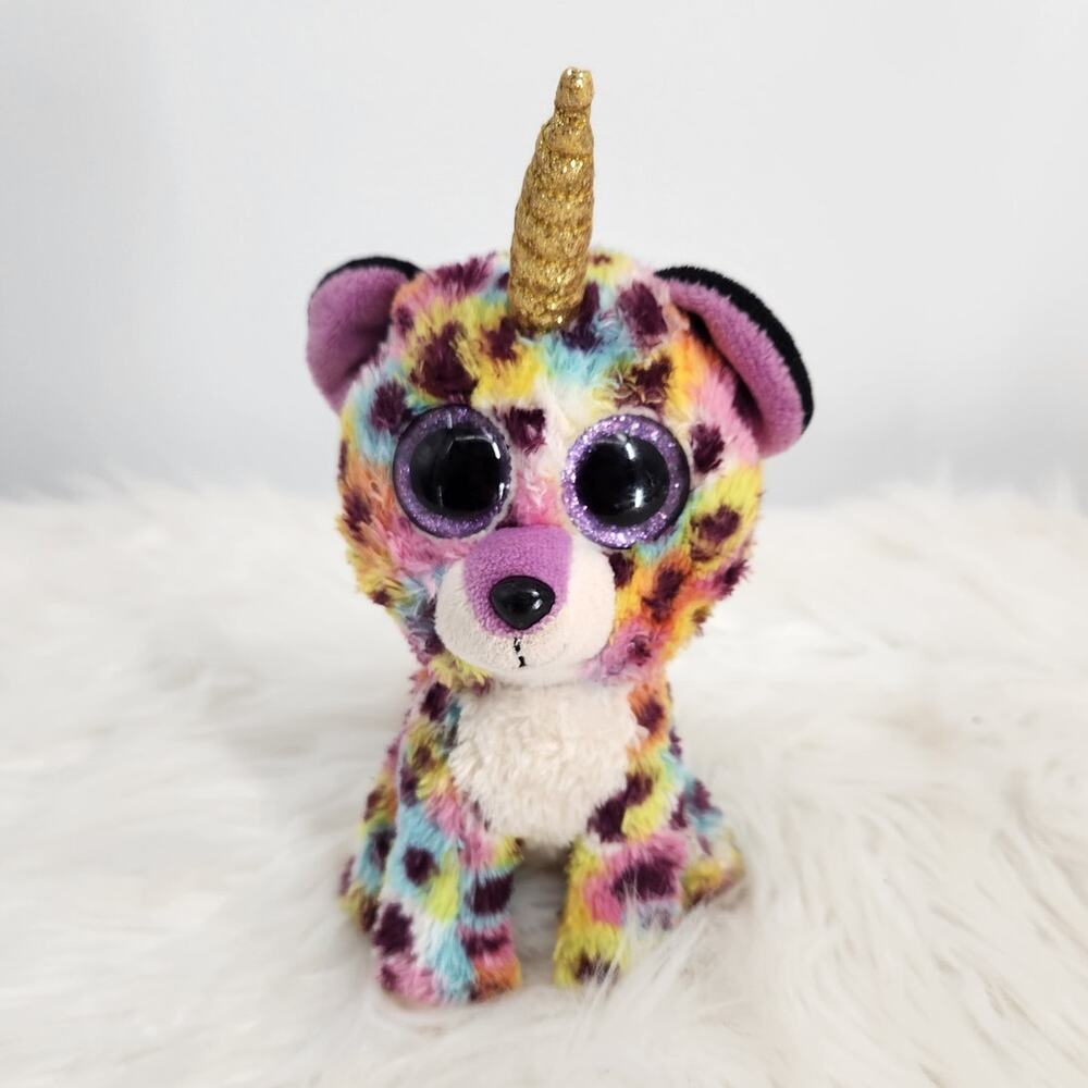 Ty Beanie Boos Giselle the Leopard Unicorn Rainbow Plush Gold Horn Glitter Eyes